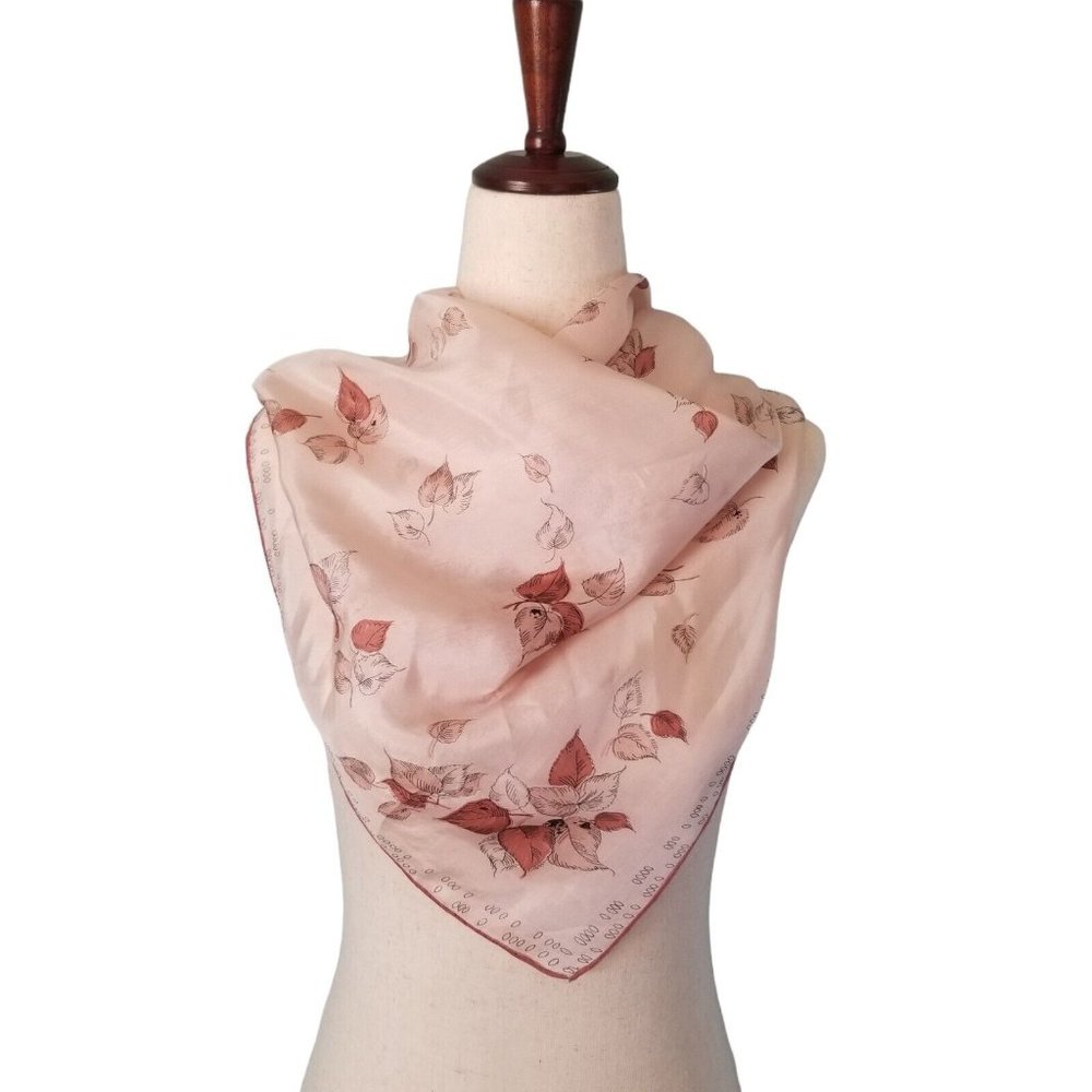 Vintage Scarf Women's Square Neutral Color Leaves Sheer Lightweight Fashion READ